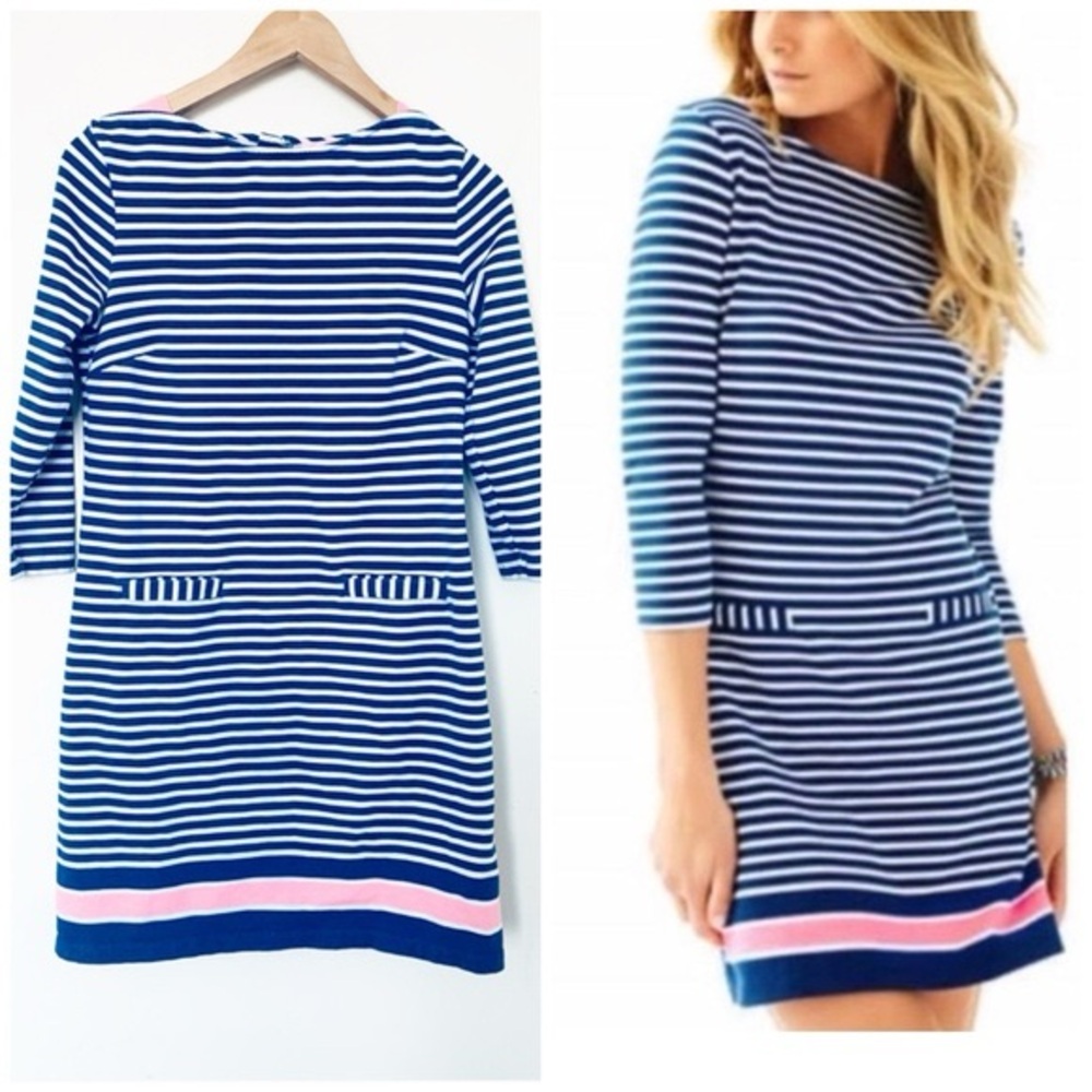 Lilly Pulitzer Irina Guava Melon Exotic Garden Navy
Stripe Dress Size Small